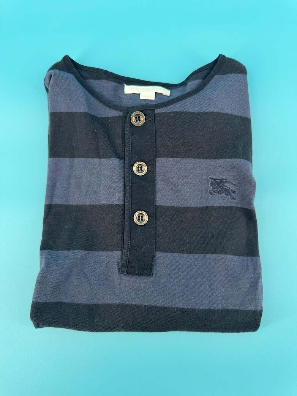 Burberry Children Long Sleeve Striped Henley Shirt Navy Blue Black Size 10Y